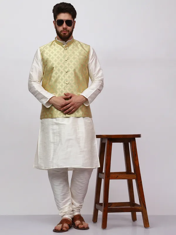 White_Banarasi_Dupion_Kurta_With_Box_Jacket_Set_For_Men