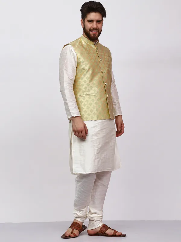 White_Banarasi_Dupion_Kurta_With_Box_Jacket_Set_For_Men