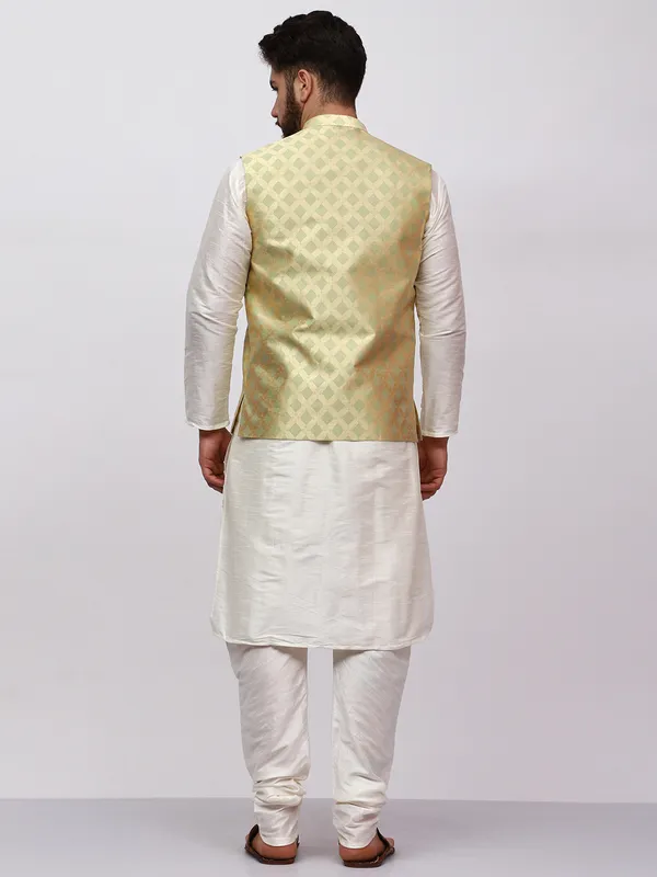 White_Banarasi_Dupion_Kurta_With_Box_Jacket_Set_For_Men