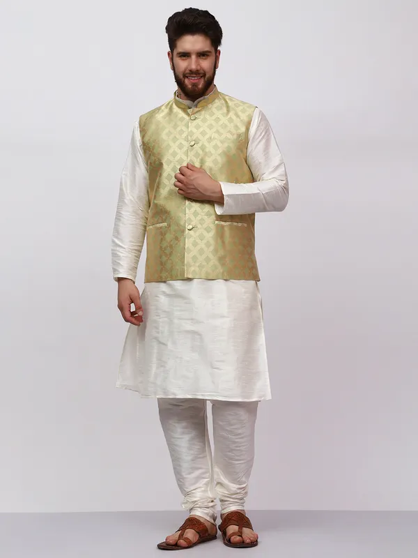 White_Banarasi_Dupion_Kurta_With_Box_Jacket_Set_For_Men