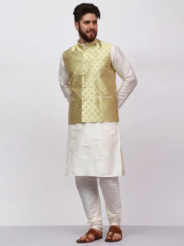 White_Banarasi_Dupion_Kurta_With_Box_Jacket_Set_For_Men