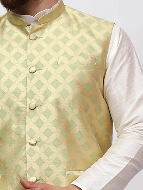 White_Banarasi_Dupion_Kurta_With_Box_Jacket_Set_For_Men