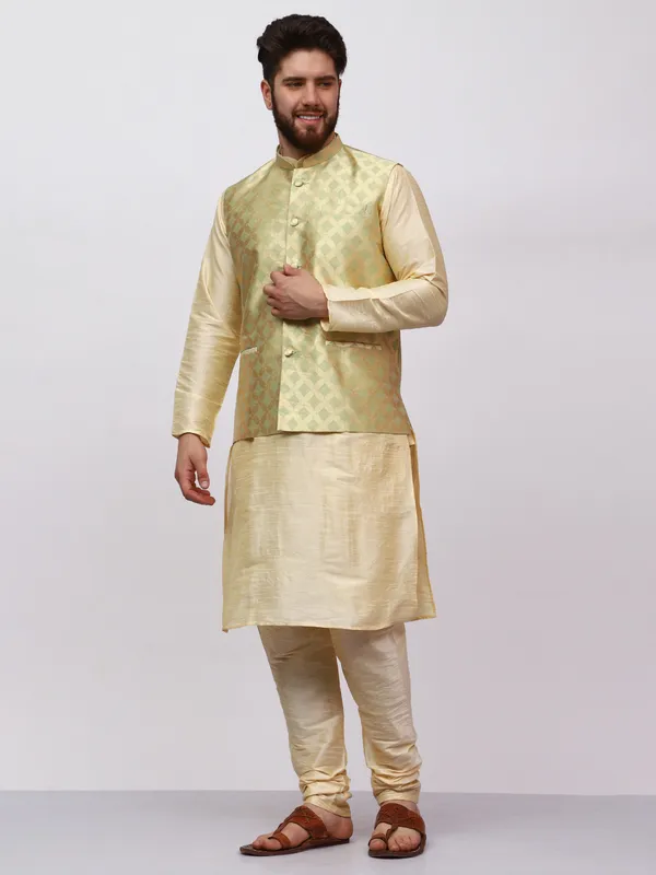 Gold_Banarasi_Dupion_Kurta_With_Box_Jacket_Set_For_Men