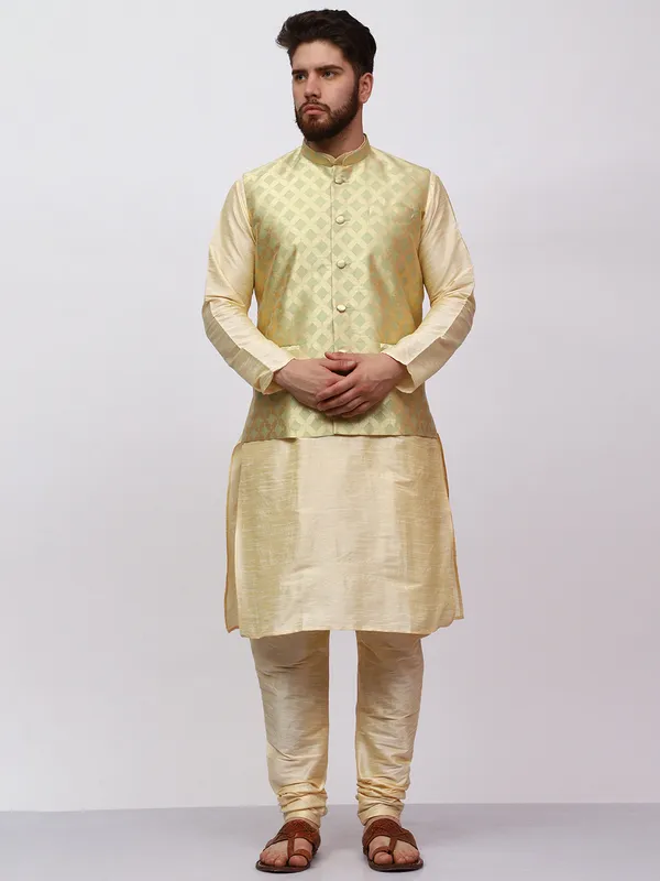 Gold_Banarasi_Dupion_Kurta_With_Box_Jacket_Set_For_Men