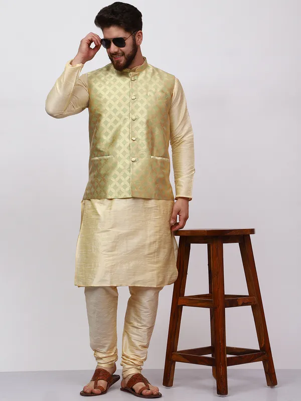 Gold_Banarasi_Dupion_Kurta_With_Box_Jacket_Set_For_Men