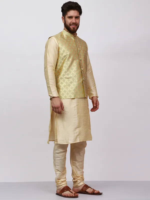 Gold_Banarasi_Dupion_Kurta_With_Box_Jacket_Set_For_Men