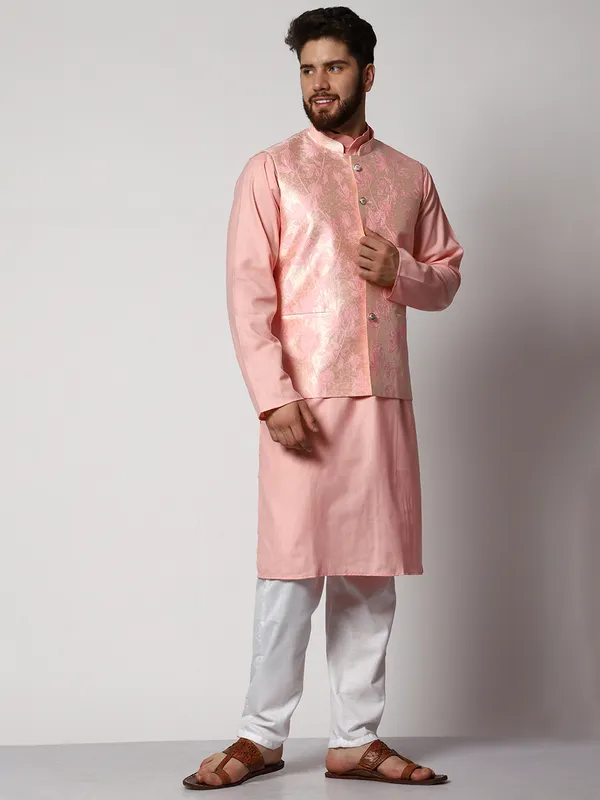 Pink_Cotton_Kurta_With_Pyjama_And_Jacket_Set_For_Men