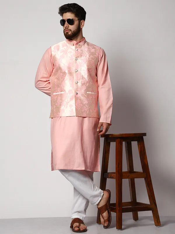 Pink_Cotton_Kurta_With_Pyjama_And_Jacket_Set_For_Men