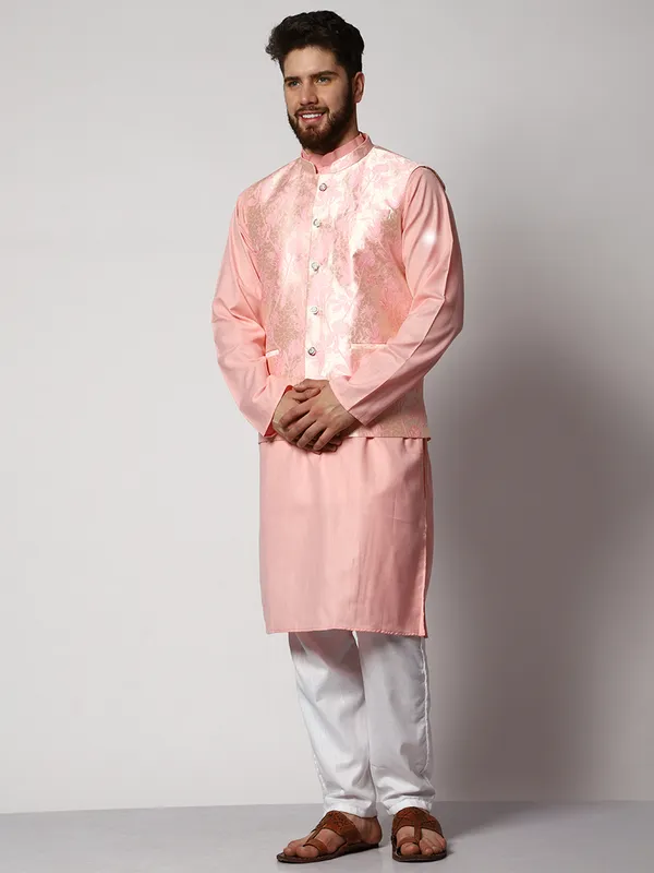 Pink_Cotton_Kurta_With_Pyjama_And_Jacket_Set_For_Men