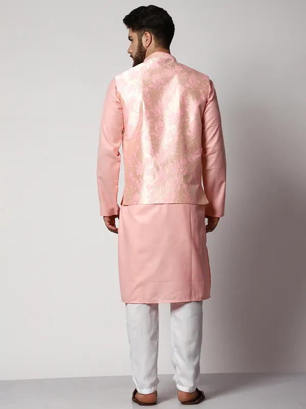 Pink_Cotton_Kurta_With_Pyjama_And_Jacket_Set_For_Men