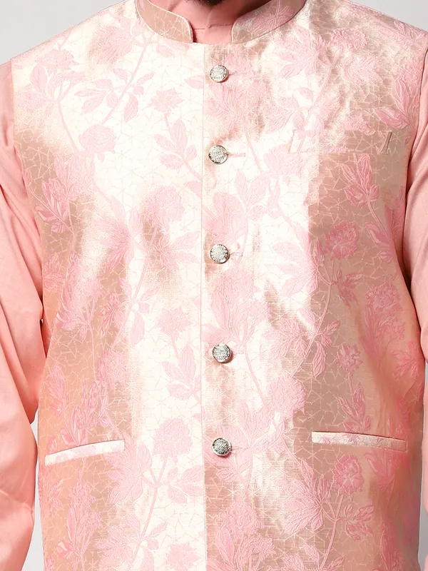 Pink_Cotton_Kurta_With_Pyjama_And_Jacket_Set_For_Men