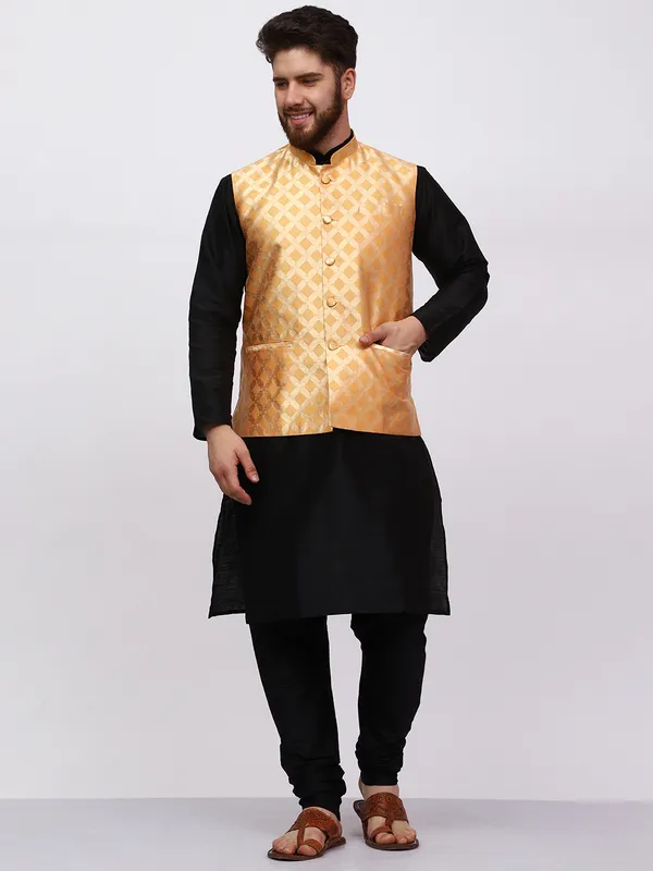 Black_Banarasi_Dupion_Kurta_With_Box_Jacket_Set_For_Men