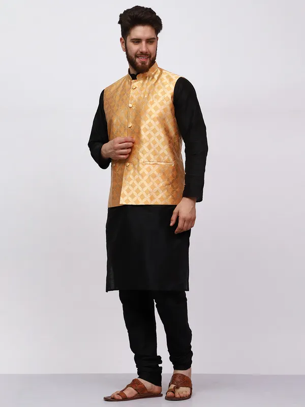 Black_Banarasi_Dupion_Kurta_With_Box_Jacket_Set_For_Men
