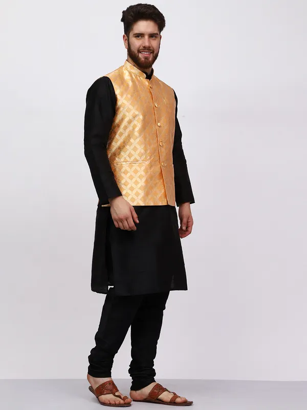 Black_Banarasi_Dupion_Kurta_With_Box_Jacket_Set_For_Men