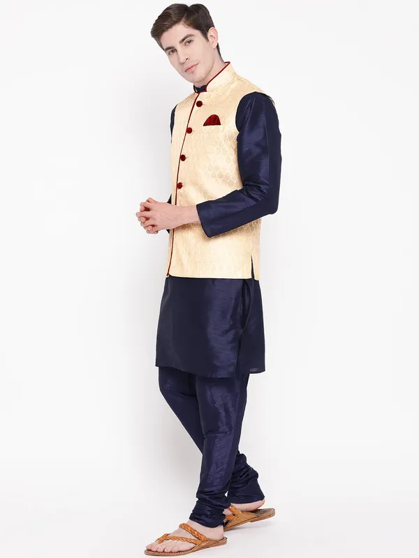 Navy_Blue_Banarasi_Dupion_Kurta_With_Churidar_And_Waistcoat_Set_For_Men