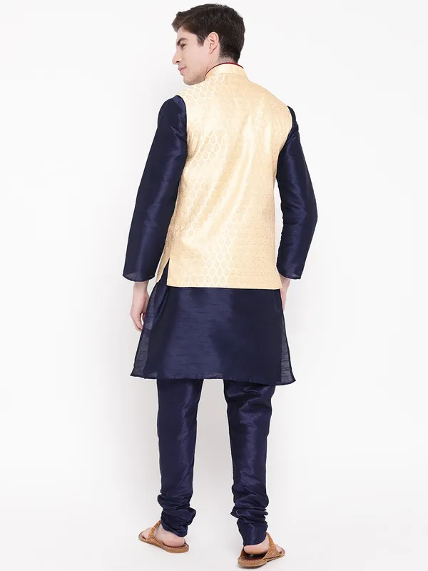 Navy_Blue_Banarasi_Dupion_Kurta_With_Churidar_And_Waistcoat_Set_For_Men