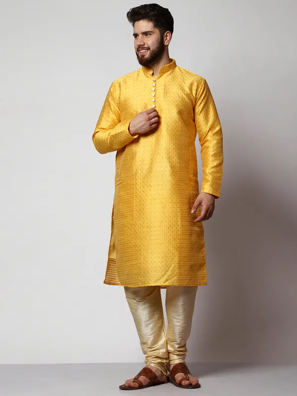 Mustard_Silk_Blend_Loop_Button_Designer_Kurta_With_Churidar_Set_For_Men