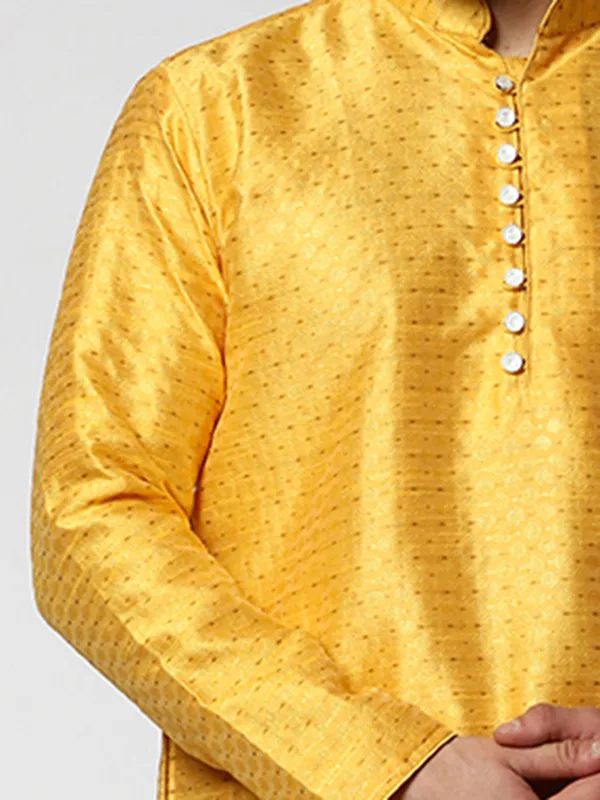 Mustard_Silk_Blend_Loop_Button_Designer_Kurta_With_Churidar_Set_For_Men