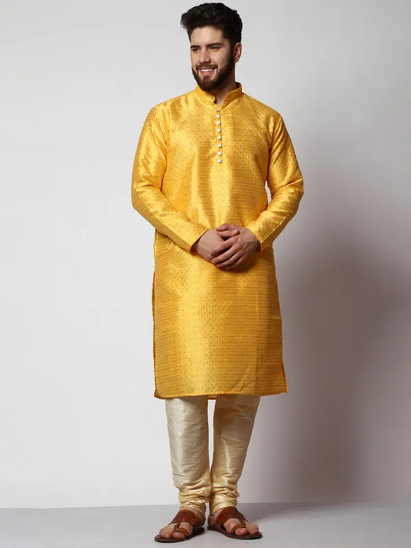 Mustard_Silk_Blend_Loop_Button_Designer_Kurta_With_Churidar_Set_For_Men
