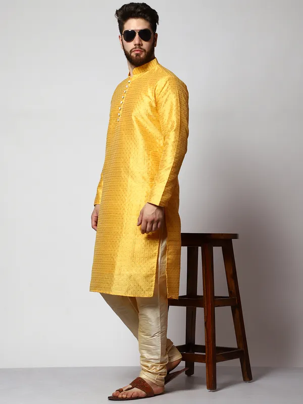 Mustard_Silk_Blend_Loop_Button_Designer_Kurta_With_Churidar_Set_For_Men