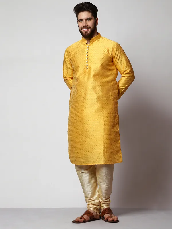 Mustard_Silk_Blend_Loop_Button_Designer_Kurta_With_Churidar_Set_For_Men