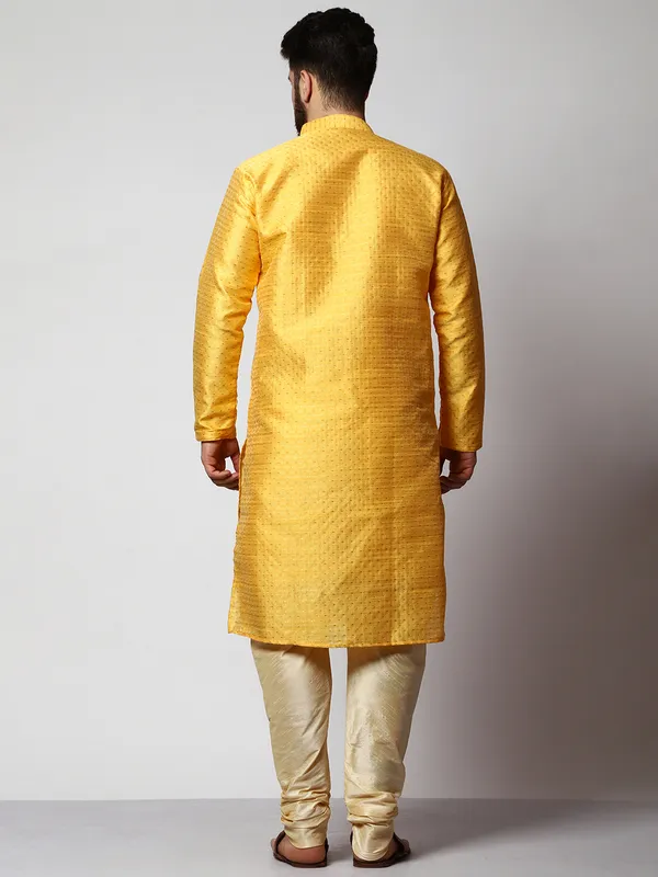 Mustard_Silk_Blend_Loop_Button_Designer_Kurta_With_Churidar_Set_For_Men