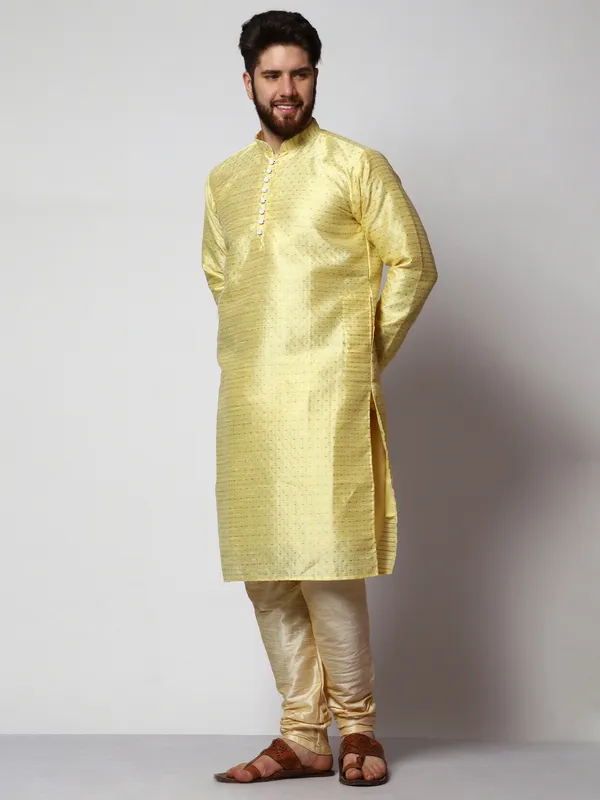 Yellow_Silk_Blend_Loop_Button_Designer_Kurta_With_Churidar_Set_For_Men