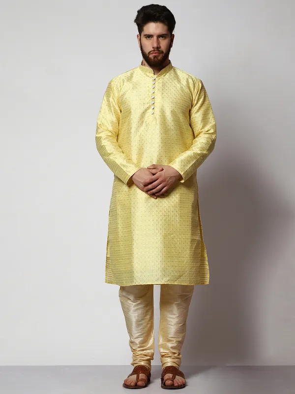 Yellow_Silk_Blend_Loop_Button_Designer_Kurta_With_Churidar_Set_For_Men