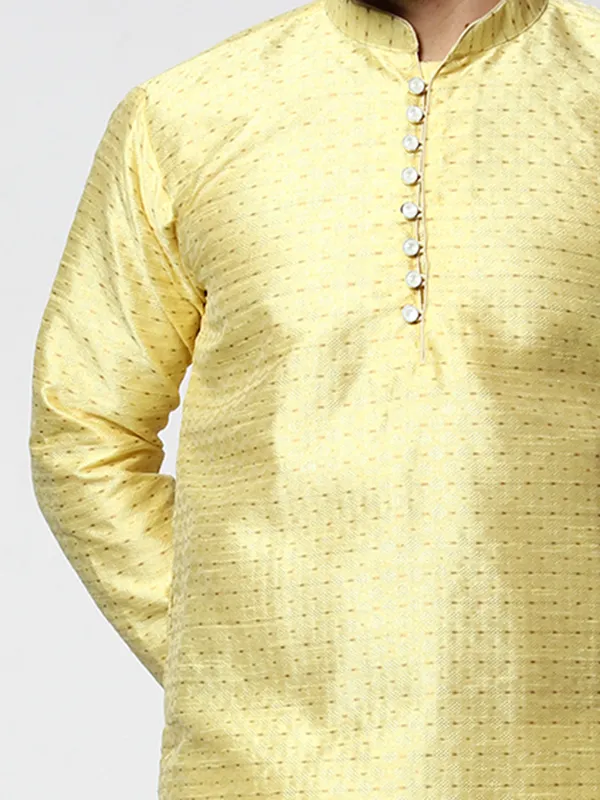 Yellow_Silk_Blend_Loop_Button_Designer_Kurta_With_Churidar_Set_For_Men