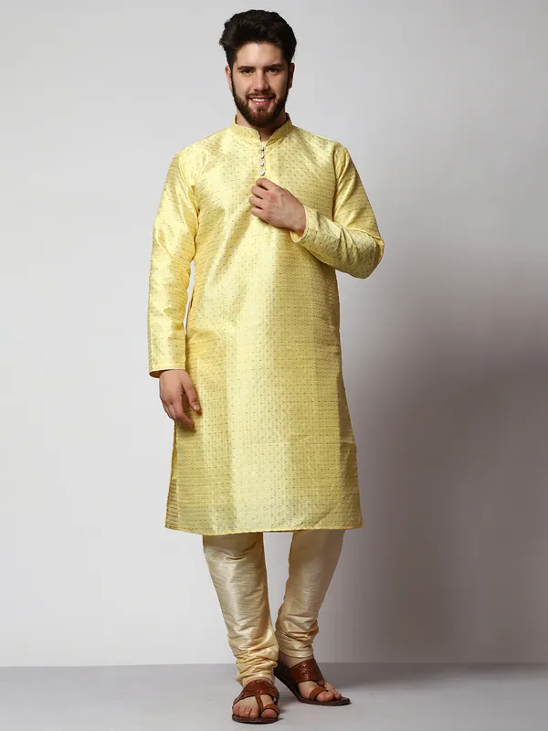 Yellow_Silk_Blend_Loop_Button_Designer_Kurta_With_Churidar_Set_For_Men
