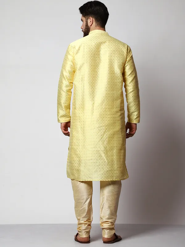 Yellow_Silk_Blend_Loop_Button_Designer_Kurta_With_Churidar_Set_For_Men