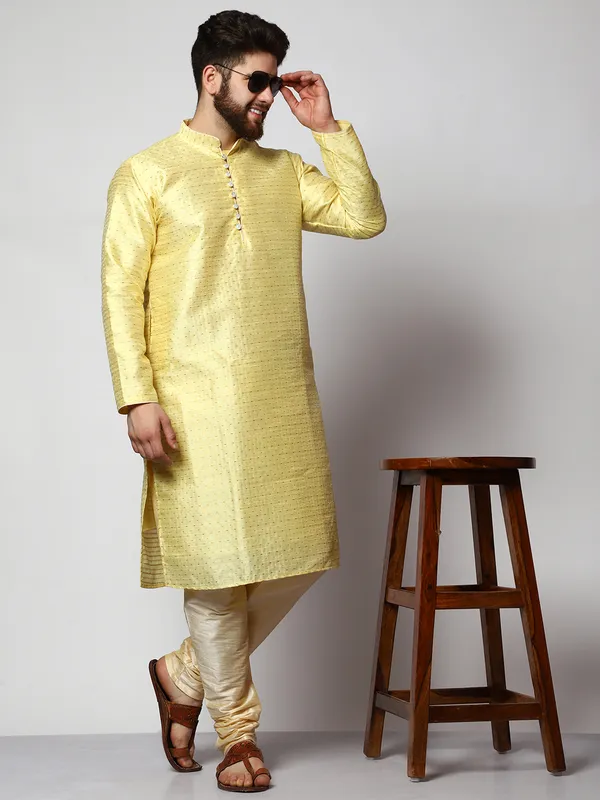 Yellow_Silk_Blend_Loop_Button_Designer_Kurta_With_Churidar_Set_For_Men