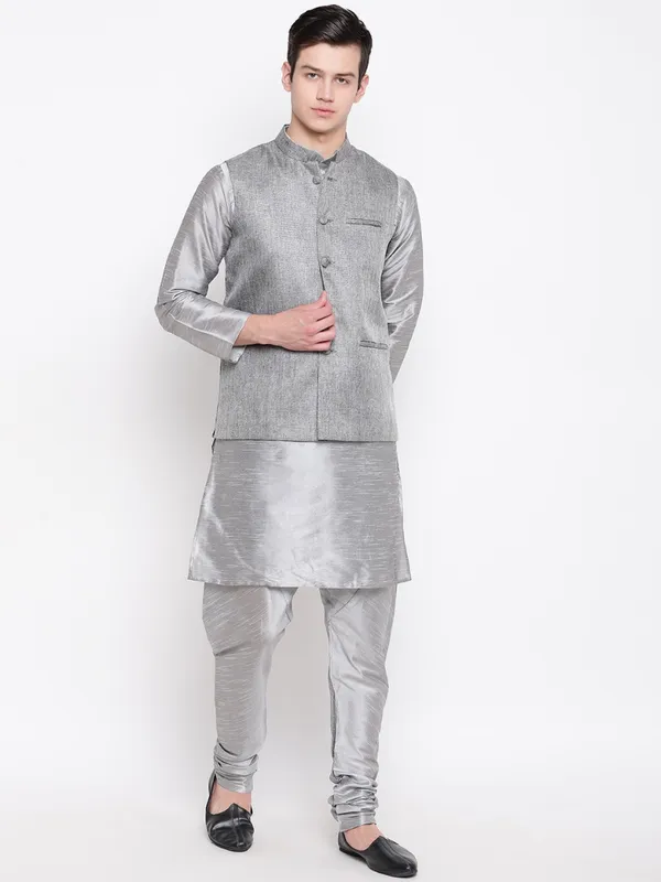 Silver_Banarasi_Dupion_Kurta_With_Churidar_And_Jute_Waistcoat_Set_For_Men