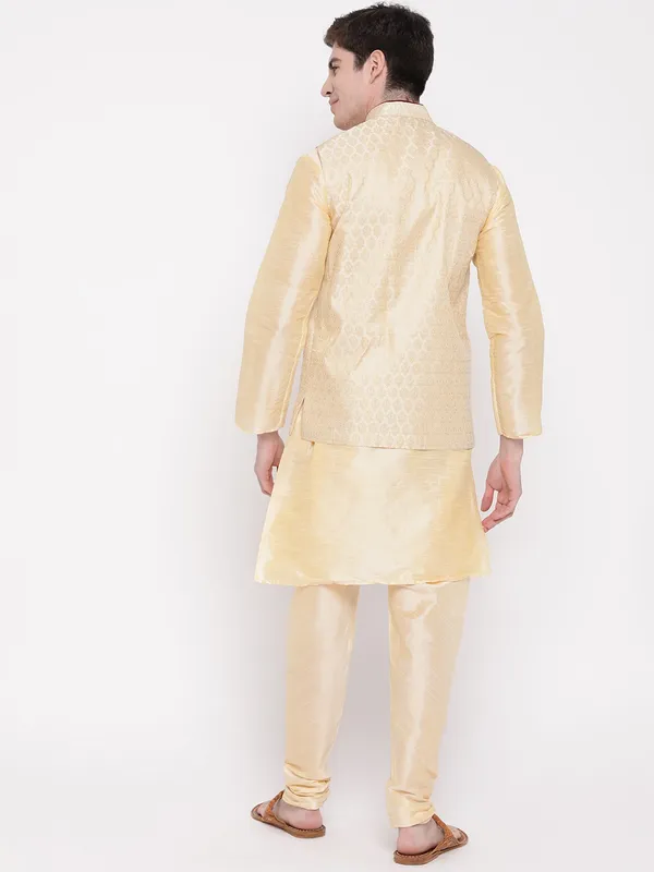 Gold_Banarasi_Dupion_Kurta_With_Churidar_And_Waistcoat_Set_For_Men