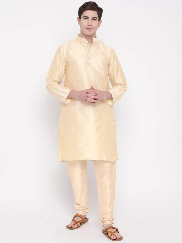 Gold_Banarasi_Dupion_Kurta_With_Churidar_And_Waistcoat_Set_For_Men