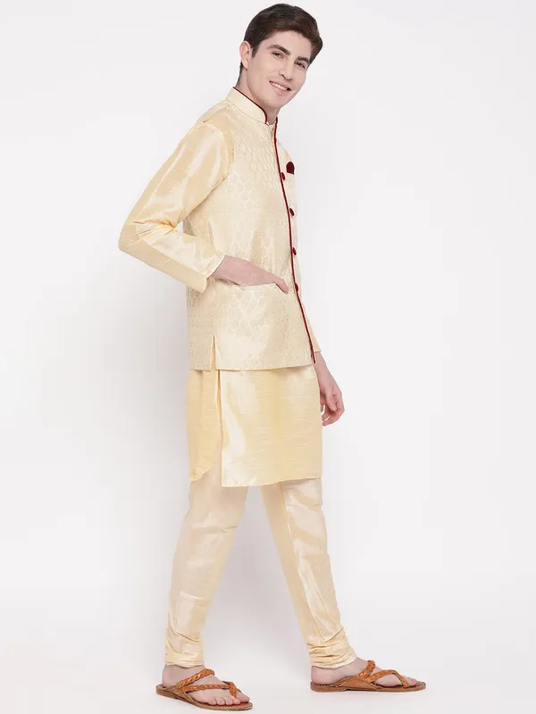 Gold_Banarasi_Dupion_Kurta_With_Churidar_And_Waistcoat_Set_For_Men