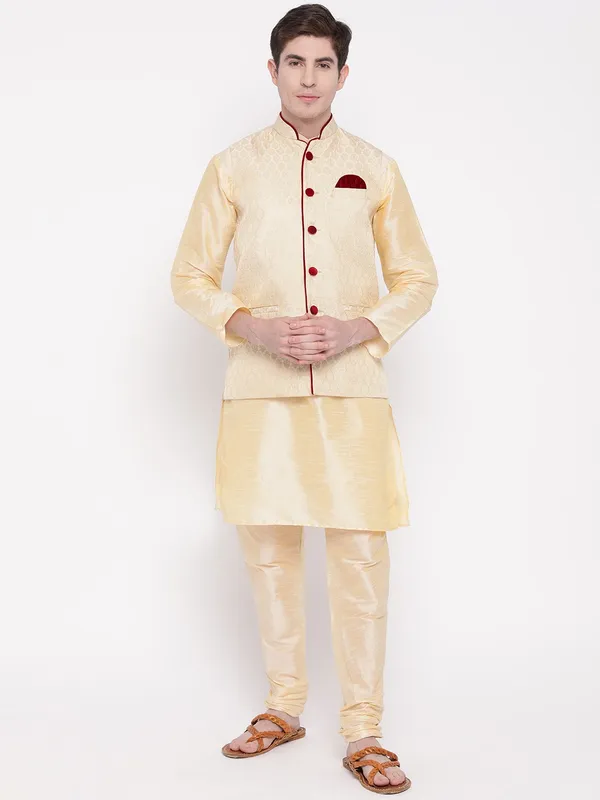 Gold_Banarasi_Dupion_Kurta_With_Churidar_And_Waistcoat_Set_For_Men