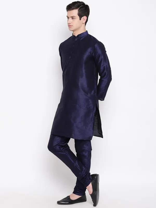 Navy_Blue_Banarasi_Dupion_Kurta_With_Churidar_And_Jute_Waistcoat_Set_For_Men