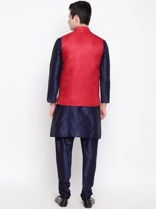 Navy_Blue_Banarasi_Dupion_Kurta_With_Churidar_And_Jute_Waistcoat_Set_For_Men