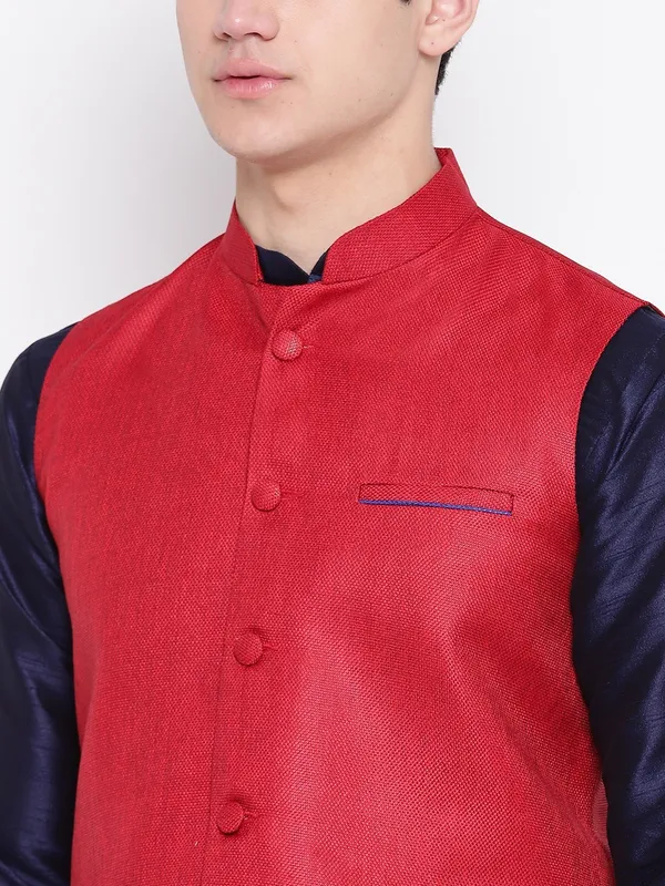 Navy_Blue_Banarasi_Dupion_Kurta_With_Churidar_And_Jute_Waistcoat_Set_For_Men
