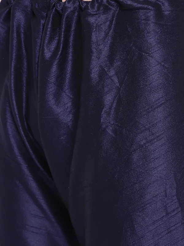 Navy_Blue_Banarasi_Dupion_Kurta_With_Churidar_And_Jute_Waistcoat_Set_For_Men