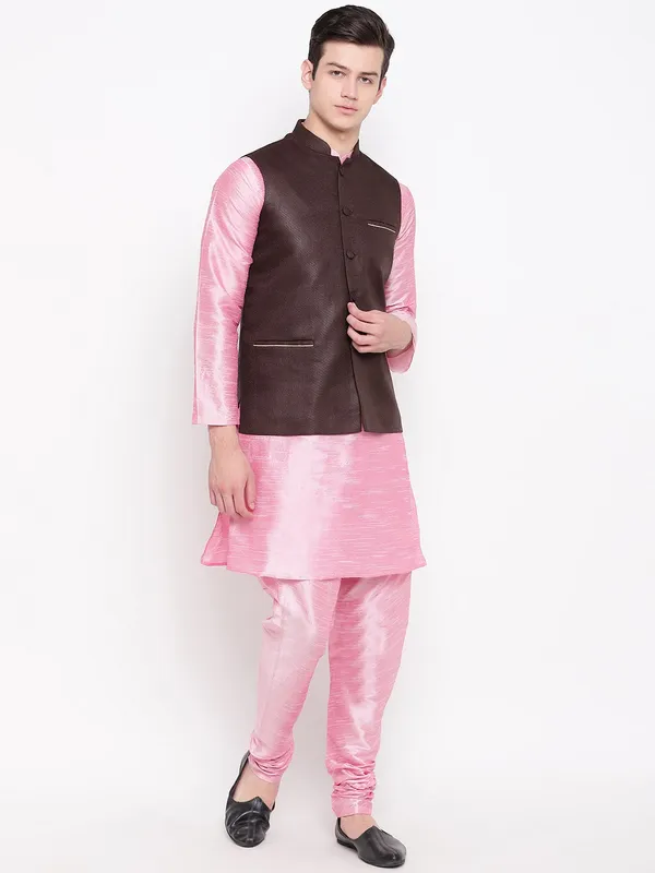 Pink_Banarasi_Dupion_Kurta_With_Churidar_And_Waistcoat_Set_For_Men
