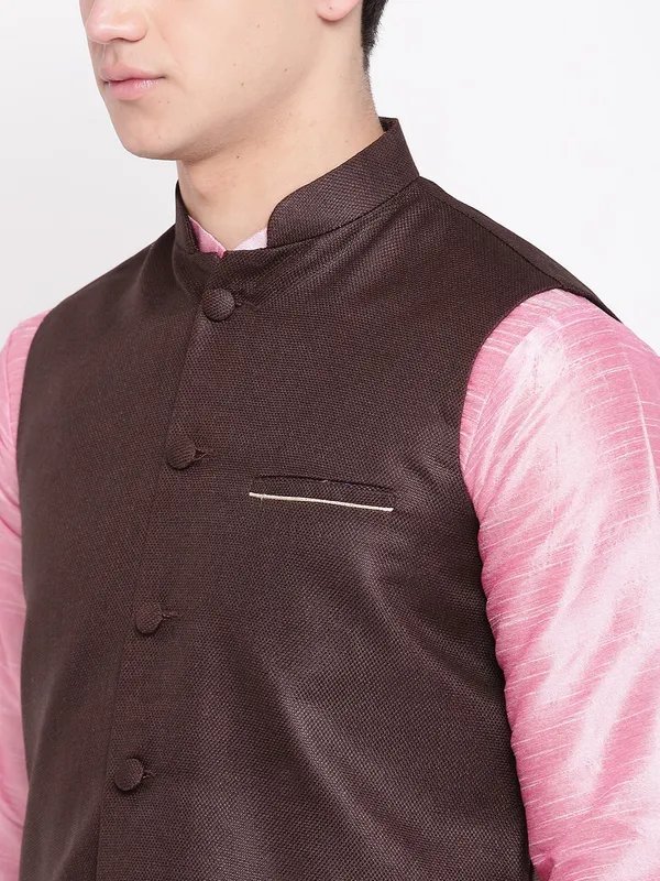 Pink_Banarasi_Dupion_Kurta_With_Churidar_And_Waistcoat_Set_For_Men