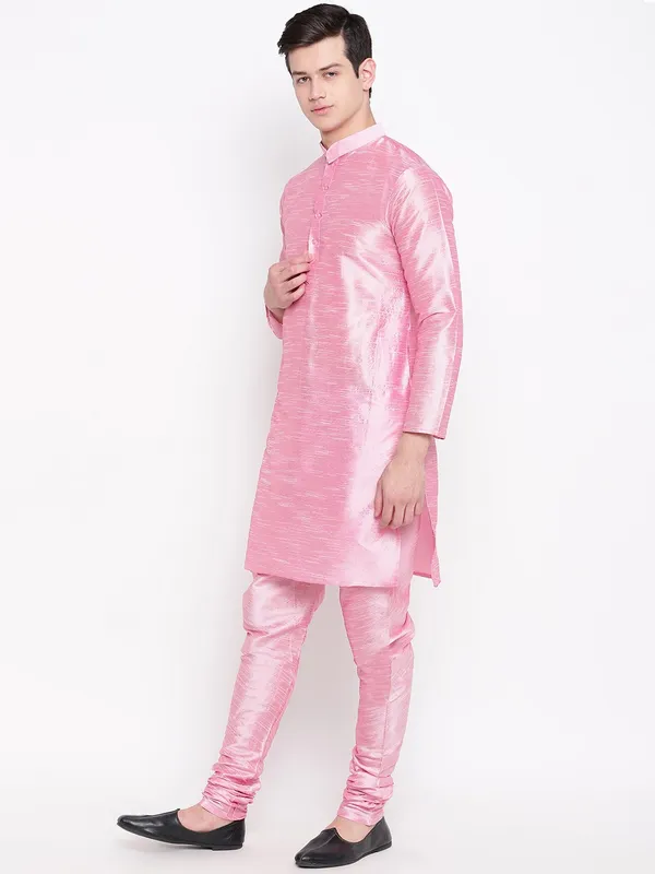 Pink_Banarasi_Dupion_Kurta_With_Churidar_And_Waistcoat_Set_For_Men