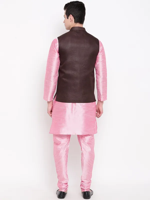 Pink_Banarasi_Dupion_Kurta_With_Churidar_And_Waistcoat_Set_For_Men