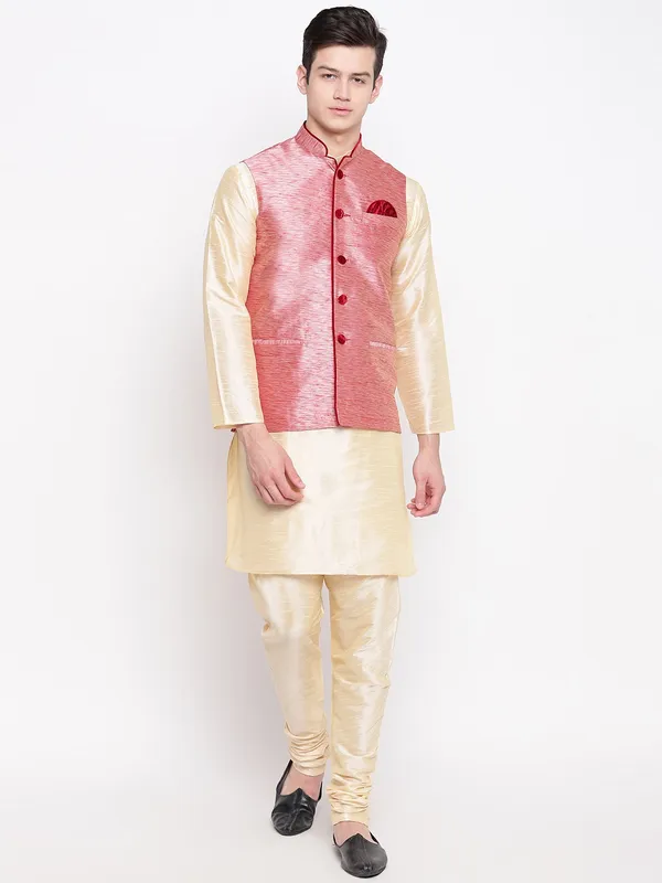 Gold_Matching_Banarasi_Dupion_Kurta_With_Churidar_And_Waistcoat_Set_For_Men