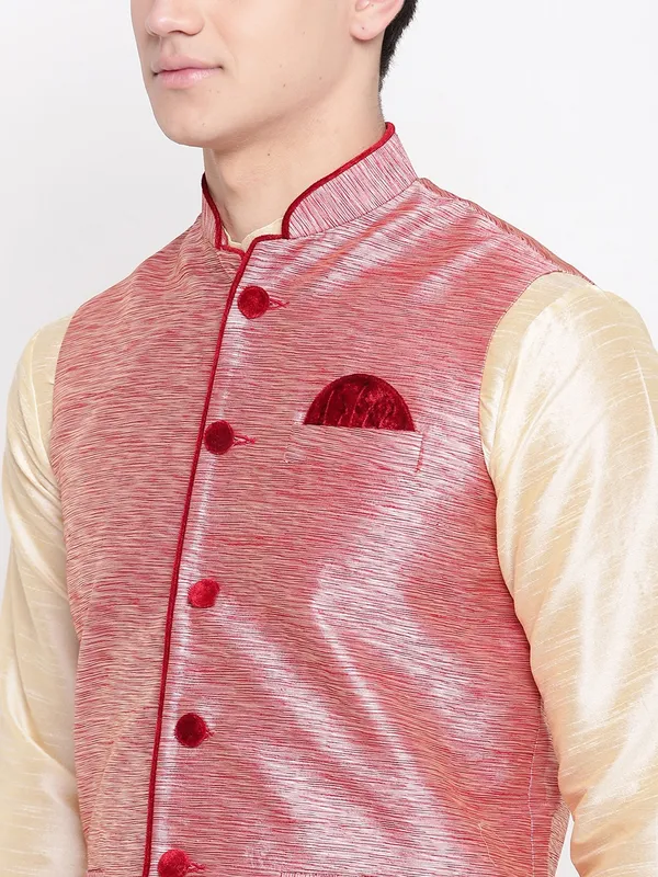 Gold_Matching_Banarasi_Dupion_Kurta_With_Churidar_And_Waistcoat_Set_For_Men