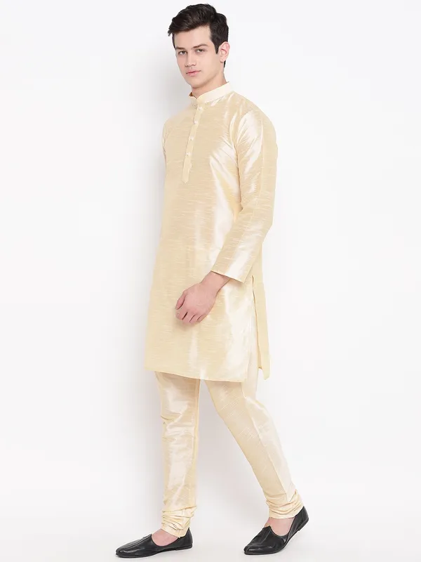 Gold_Matching_Banarasi_Dupion_Kurta_With_Churidar_And_Waistcoat_Set_For_Men