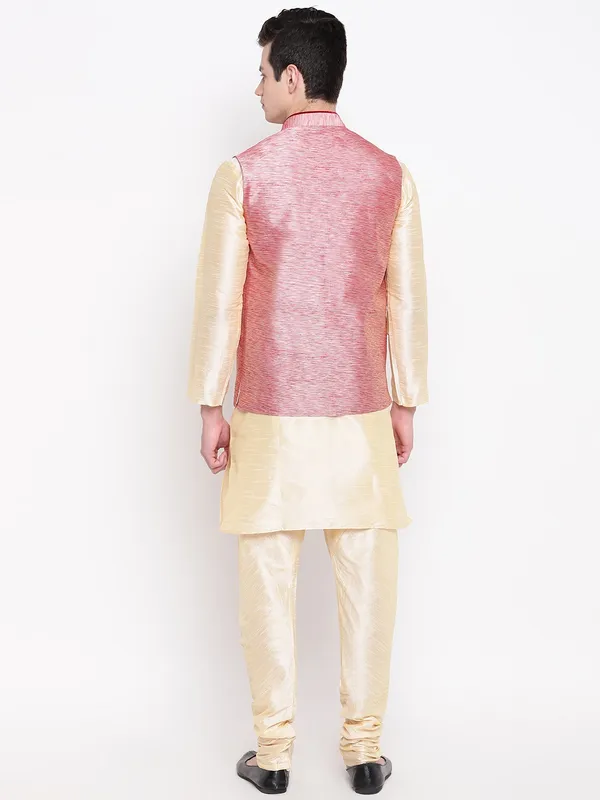 Gold_Matching_Banarasi_Dupion_Kurta_With_Churidar_And_Waistcoat_Set_For_Men