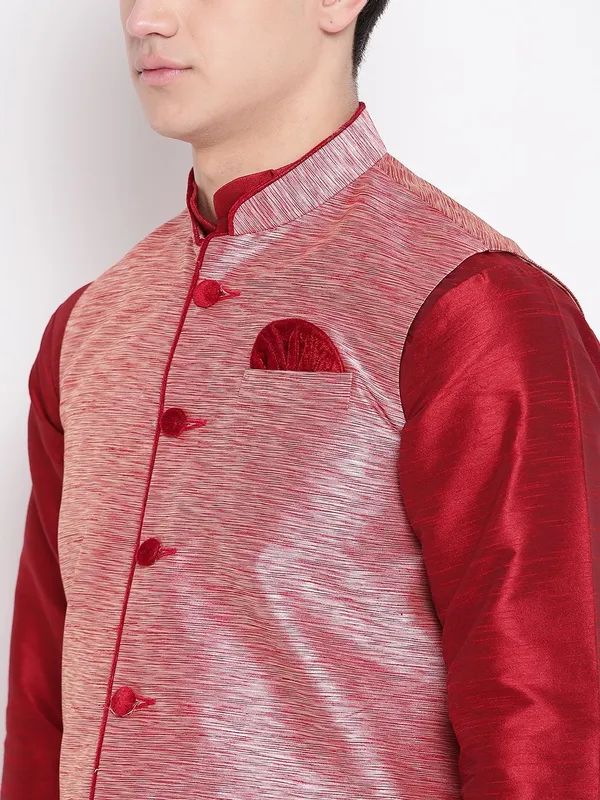 Red_Banarasi_Dupion_Kurta_With_Churidar_And_Waistcoat_Set_For_Men